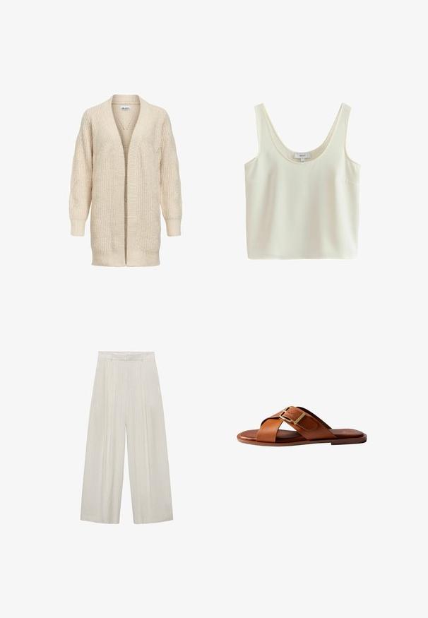 Beige lang strikket cardigan med åben front, ribstrikkede manchetter, kant og tekstureret mønster på ærmer og krop.; Ærmeløs, cremefarvet cropped tanktop med brede stropper og scoop-halsudskæring, lavet af glat stof.; Bredde bukser i lys beige med lodrette hvide striber. Har høj talje, plisseret front og glat tekstur.; Brun læder slidesandal med krydsede stropper og en guldbeklædt spænde på en flad sål, set fra siden på en hvid baggrund.