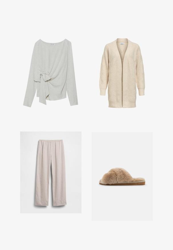 Beige lange gebreide cardigan met open voorkant, geribde manchetten, zoom en een gestructureerd patroon op mouwen en lichaam.; Langsleeve top in lichtbeige linnenmix, met een gedraaide knoopdetails aan één zijde, ronde halslijn en een losse pasvorm.; Lichtbeige loszittende broek met elastische tailleband, rechte pijpen en geen zichtbare zakken, plat liggend tegen een witte achtergrond.; Fluffy beige slipper met een zachte textuur, open achterkant en een binnenvoering. Platte zool met een lichtbruine basis en beige stiksels.