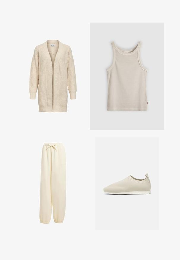 Beiger langer gestrickter Cardigan mit offenem Vorderteil, gerippten Bündchen, Saum und strukturiertem Muster an Ärmeln und Körper.; Beiges ärmelloses Tanktop mit Rippstruktur, rundem Halsausschnitt und schmaler Passform, vor einem grauen Hintergrund dargestellt.; Beige, locker sitzende Sweatpants aus weichem Material. Sie verfügen über einen elastischen Bund mit Kordelzug und elastische Bündchen an den Knöcheln.; Beige gestrickter Slipper mit niedrigem Profil, strukturiertem Obermaterial und flexibler Sohle. Verfügt über ein gewebtes Design um den Knöchel für zusätzlichen Komfort.