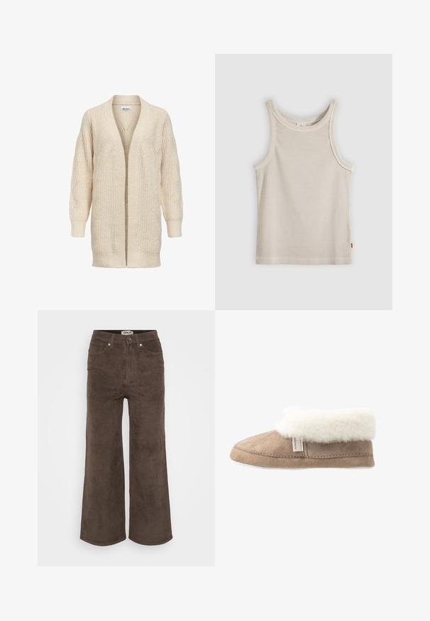 Beige lang strikket cardigan med åben front, ribstrikkede manchetter, kant og tekstureret mønster på ærmer og krop.; Beige ribstrikket ærmeløs tanktop med rund halsudskæring og tætsiddende pasform, vist mod en grå baggrund.; Brune bredbenede bukser i kordfløjl med ribbet tekstur, fem lommer og frontlukning med knap. Har et mærke i taljen.; Tan ruskinds-sko med en hvid, fluffy kant, blød tekstur, rund tådesign og en hvid sål. Har en synlig syet søm og et mærke.