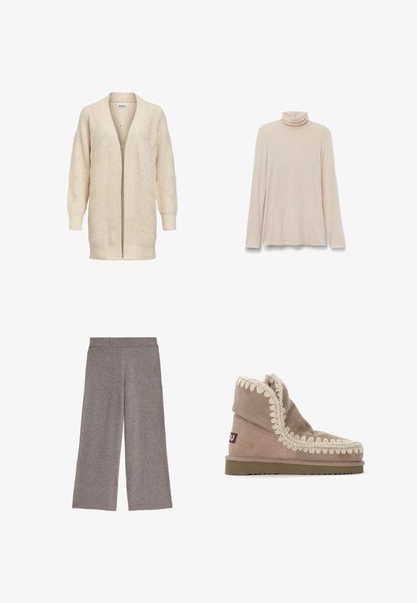 Beige lange gebreide cardigan met open voorkant, geribde manchetten, zoom en een gestructureerd patroon op mouwen en lichaam.; Beige lange mouw coltrui met een eenvoudige, gladde textuur, plat gelegd op een witte achtergrond.; Grijze wijde gebreide broek met een elastische tailleband, platte voorkant en een ontspannen pasvorm, weergegeven op een witte achtergrond.; Tan suède enkelboot met een gemêleerde crèmekleurige vlechtvormige rand langs de opening en een rubberen zool. Zachte voering zichtbaar aan de bovenkant.
