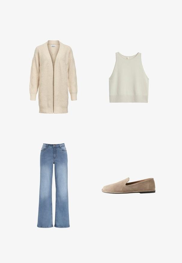 Beige lang strikket cardigan med åben front, ribstrikkede manchetter, kant og tekstureret mønster på ærmer og krop.; Lysebeige cropped tanktop lavet af blødt materiale. Har rund hals, brede ærmegab og ribbet kant.; Lyseblå vidde jeans lavet af denim. Har en knaplukning, fem lommer og syninger i kontrast. Glat overflade med en let falma.; Beige ruskind slip-on loafers med rund tå, lav flad hæl, syet sål og elastisk sideindsats for nem påtagning.