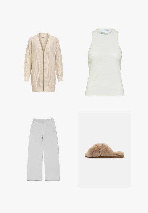 Beige lang strikket cardigan med åben front, ribstrikkede manchetter, kant og tekstureret mønster på ærmer og krop.; Ærmeløs hvid ribbet tanktop med rund halsudskæring fra Selected Femme, viser frontvisning uden mønstre eller dekorationer.; Lysegrå sweatpants lavet af blødt stof, med elastisk talje, to sidelommer og lige snit.; Fuzzy beige hjemmesko med blød tekstur, åben bag og indvendig foring. Flad sål med en lysebrun bund og beige syning.
