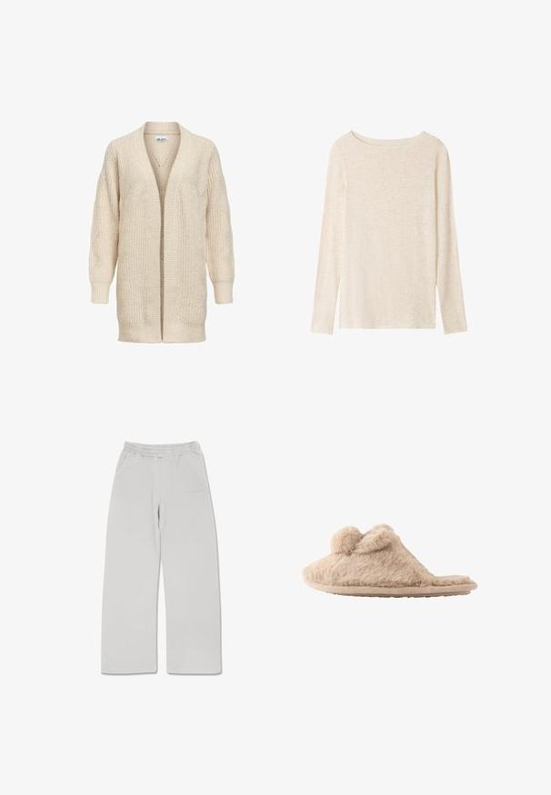 Beige lange gebreide cardigan met open voorkant, geribde manchetten, zoom en een gestructureerd patroon op mouwen en lichaam.; Lichtbeige fijngebreide top met lange mouwen, boothals en een subtiele gemêleerde structuur.; Lichtgrijze joggingsbroek van zacht materiaal, met een elastische tailleband, twee zijzakken en een recht gesneden ontwerp.; Beige, pluizige instapslof met twee pompons bovenop en een platte zool, ontworpen voor binnenshuis gebruik.