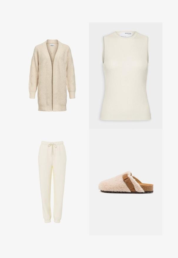 Cardigan long beige en maille avec devant ouvert, poignets et ourlet côtelés, motif texturé sur les manches et le corps.; Selected Knitted Sleeveless - Débardeur - birch; Pantalon de survêtement décontracté couleur crème avec ceinture élastique et cordon de serrage, jambes effilées et poignets élastiques.; Sabots en shearling beige à enfiler avec une sangle en daim marron, semelle en liège et semelle extérieure en caoutchouc texturé, conçus pour le confort et le port décontracté.