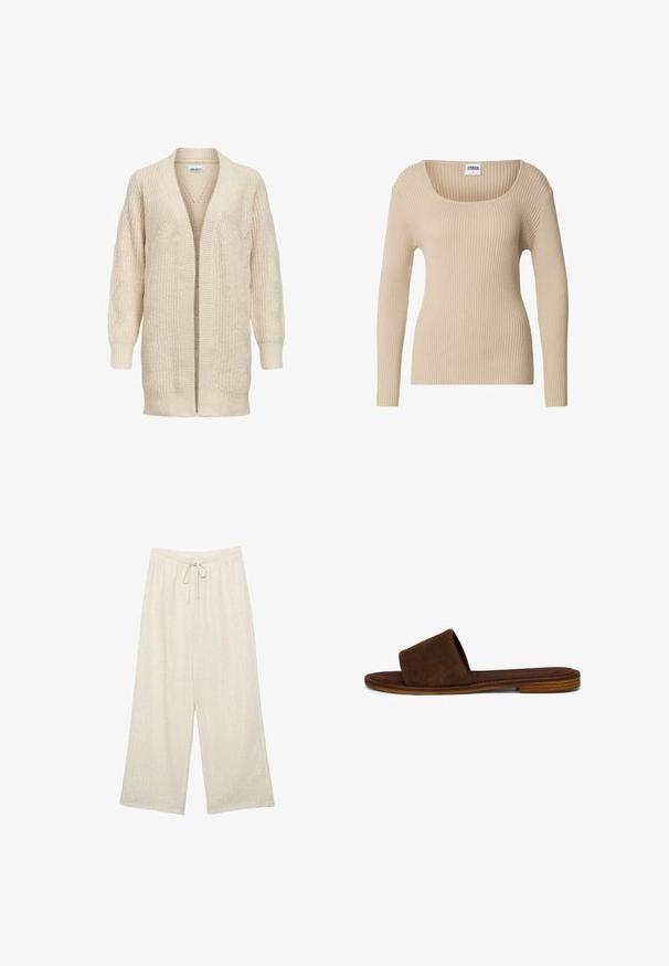 Cardigan long beige en maille avec devant ouvert, poignets et ourlet côtelés, motif texturé sur les manches et le corps.; Pull côtelé beige avec un col carré et des manches longues, fabriqué en tissu doux et texturé. Design simple, idéal pour superposer.; Pantalon large couleur crème avec taille élastique et cordon de serrage, tissu texturé avec une couture verticale subtile.; Sandale mule en daim marron à bout ouvert avec semelle en bois plate superposée et large bride sur le pied, vue de côté sur fond blanc.