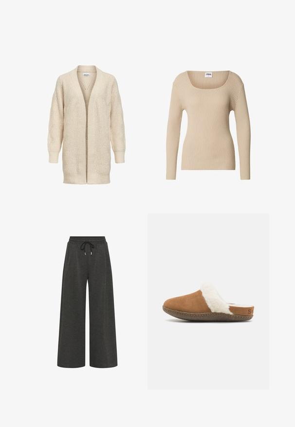 Beige lang strikket cardigan med åben front, ribstrikkede manchetter, kant og tekstureret mønster på ærmer og krop.; Beige ribstrikket sweater med firkantet halsudskæring og lange ærmer, lavet af blødt, tekstureret stof. Enkel design egnet til lag-på-lag.; Mørkegrå, bredbenede bukser lavet af blødt stof, med elastisk talje og snøre samt to sidelommer.; Brune ruskindssutsko med en hvid fluffy foring og en tekstureret sål. Har en syet kant og en lille brandingdetalje på hælen.