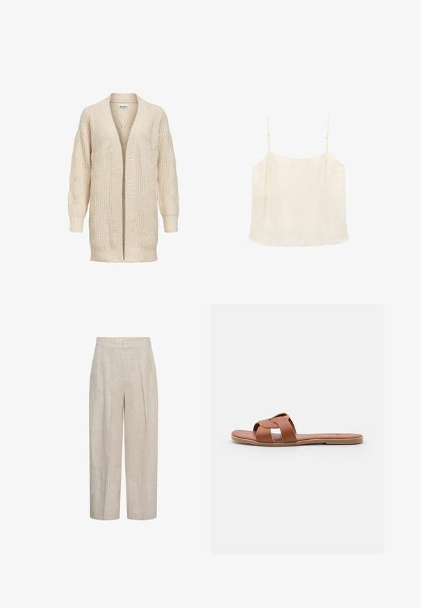Beige lange gebreide cardigan met open voorkant, geribde manchetten, zoom en een gestructureerd patroon op mouwen en lichaam.; Crèmekleurig mouwloos camisettopje met dunne verstelbare bandjes en een rechte halslijn op een witte achtergrond.; Beige high-waist wijde broek met plooien aan de voorkant en riemlussen, gemaakt van een gestructureerde linnenstof.; Bruine platte sandaalslippers van soepel leer met een kruissprayontwerp, met een vlakke zool en een minimalistische stijl.