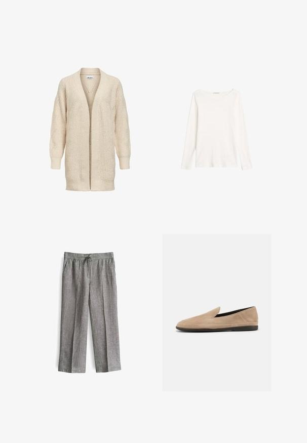 Beige lange gebreide cardigan met open voorkant, geribde manchetten, zoom en een gestructureerd patroon op mouwen en lichaam.; Effen wit shirt met lange mouwen en een ronde hals, plat weergegeven op een witte achtergrond.; Lichtgrijze linnenbroek met een losse pasvorm, een tailleband met koord, twee zijzakken en plooi-details aan de voorkant.; Beige suède instapper loafer met zwarte zool, lage hak en afgeronde neus, zijaanzicht op witte achtergrond.