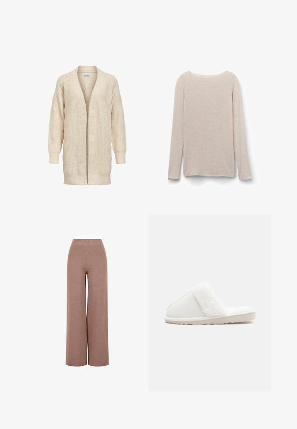 Cardigan long beige en maille avec devant ouvert, poignets et ourlet côtelés, motif texturé sur les manches et le corps.; T-shirt à manches longues rose clair avec un col rond décontracté, fabriqué en tissu doux avec une texture marbrée subtile.; Pantalons en maille marron à jambe large avec un tissu texturé, dotés d'une taille élastique et d'une coupe ample pour le confort.; Chausson blanc avec une bande en fausse fourrure douce, tige en feutre, semelle matelassée et fond en caoutchouc texturé pour l'adhérence. Design simple et arrondi.