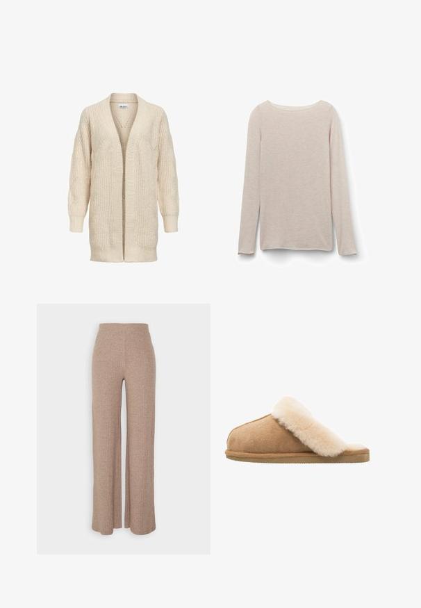 Cárdigan largo beige de punto con delantero abierto, puños y bajo acanalados y patrón texturizado en las mangas y el cuerpo.; Camiseta de manga larga rosa claro con un escote redondo relajado, hecha de una tela suave con una sutil textura jaspeada.; Pantalones de pierna ancha de canalé en color beige con una cinturilla alta y textura suave, que presentan un corte holgado y sin cierres visibles.; Zapatilla de ante de color beige, con un suave forro de piel de oveja crema. Cuenta con una suela de goma plana y texturizada para mayor agarre.
