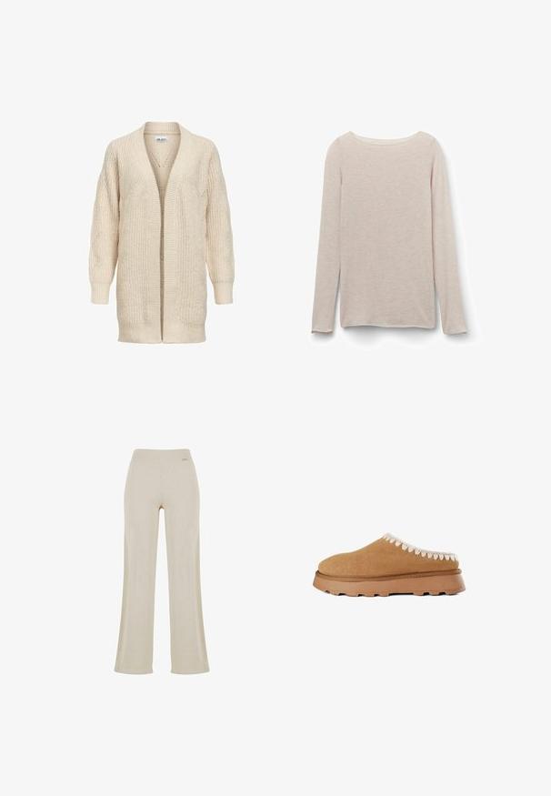Beige lang strikket cardigan med åben front, ribstrikkede manchetter, kant og tekstureret mønster på ærmer og krop.; Lyserød langærmet t-shirt med afslappet rund halsudskæring, lavet af blødt stof med en subtil meleret tekstur.; Beige vide bukser med en glat ribbet tekstur, elastisk talje og ingen synlige dekorationer, hvilket giver en afslappet silhuet.; Brune ruskind slip-on sko med en tekstureret overdel, der har dekorativ beige syning langs kanten og en tykk gummisål.