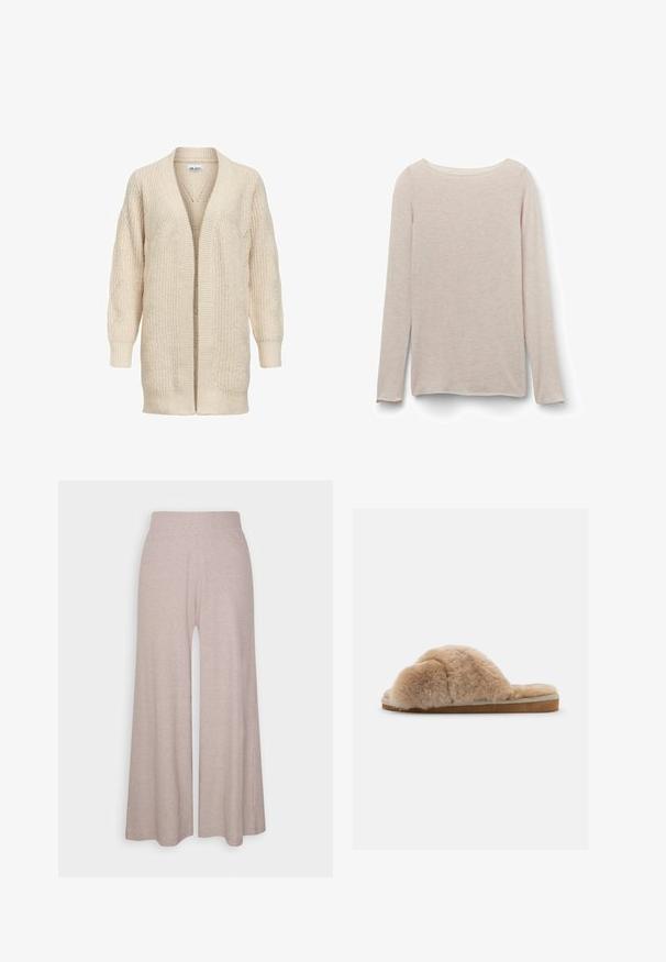 Cárdigan largo beige de punto con delantero abierto, puños y bajo acanalados y patrón texturizado en las mangas y el cuerpo.; Camiseta de manga larga rosa claro con un escote redondo relajado, hecha de una tela suave con una sutil textura jaspeada.; Pantalones de pierna ancha en gris claro, hechos de una suave tela de canalé, con una cinturilla alta y piernas de largo completo con una sutil textura.; Zapatilla de felpa beige con una textura suave, parte trasera abierta y un forro interior. Suela plana con una base marrón clara y costuras beige.