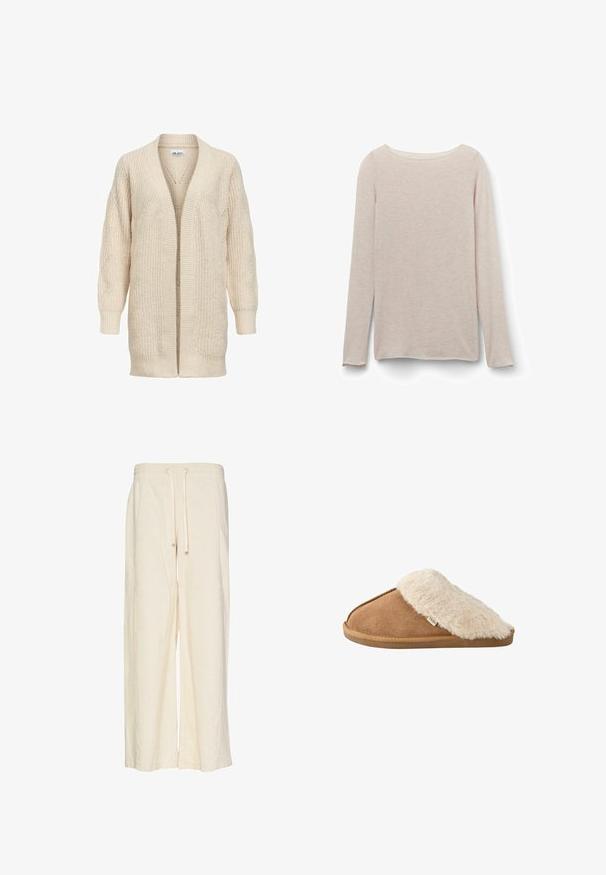 Beige lang strikket cardigan med åben front, ribstrikkede manchetter, kant og tekstureret mønster på ærmer og krop.; Lyserød langærmet t-shirt med afslappet rund halsudskæring, lavet af blødt stof med en subtil meleret tekstur.; Bredde benbukser i creme, lavet af et tekstureret stof med et ribbet mønster. Har en elastisk talje med snøre for justerbarhed.; Brun slip-on tøffel med blød beige imiteret pelsforing og sål, vist fra siden på hvid baggrund.