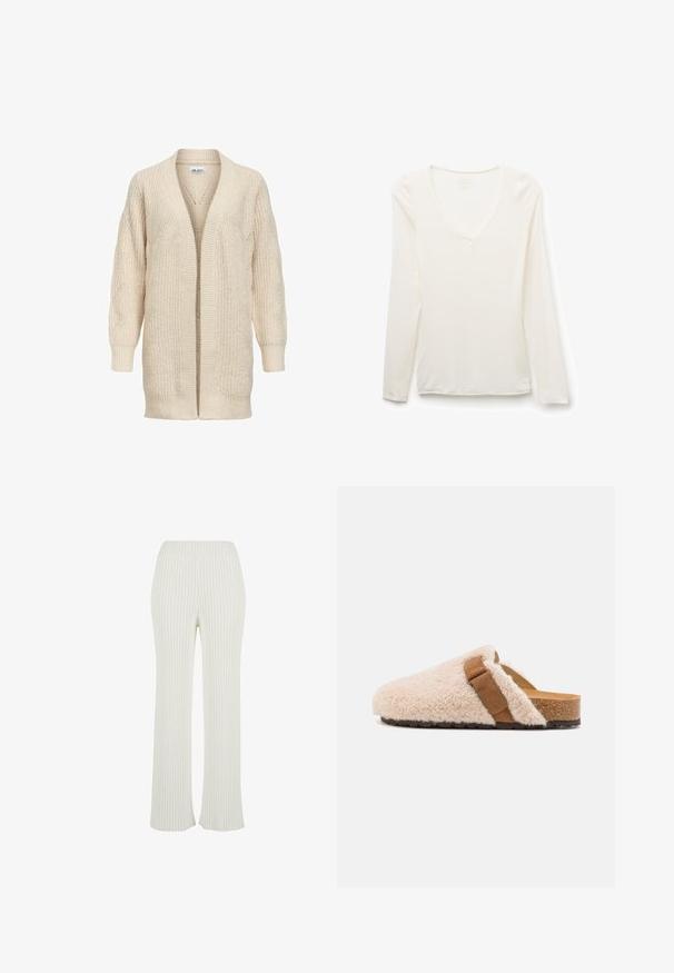 Cárdigan largo beige de punto con delantero abierto, puños y bajo acanalados y patrón texturizado en las mangas y el cuerpo.; Camiseta blanca de manga larga con cuello en V, ajuste slim, colocada plana sobre un fondo blanco.; Pantalones de punto acanalado de color crema con un diseño acampanado. Cuenta con una amplia cinturilla elástica y rayas verticales para mayor textura.; Zuecos de piel de oveja en color beige con una tira de ante marrón, plantilla de corcho y suela exterior de goma texturizada, diseñados para comodidad y uso casual.