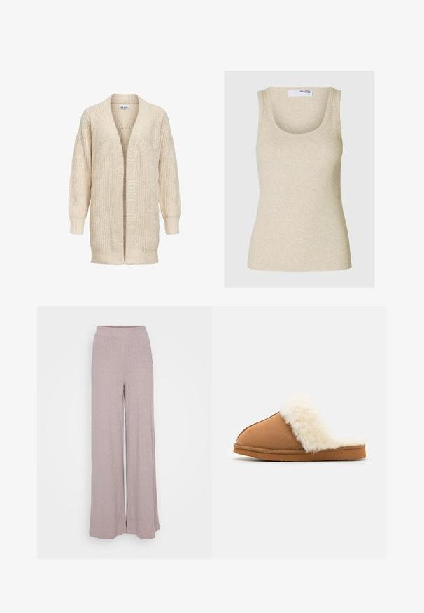 Cardigan long beige en maille avec devant ouvert, poignets et ourlet côtelés, motif texturé sur les manches et le corps.; Débardeur beige à côtes avec un décolleté arrondi et des bretelles larges. Fabriqué en tissu doux, il présente une silhouette ajustée.; Pantalons évasés en tissu doux et côtelé dans une teinte mauve clair. Dotés d'une taille élastique pour le confort et d'une silhouette fluide.; Pantoufle en suede marron avec un manchon en fausse fourrure blanche, design à bout fermé, semelle plate et détails de couture visibles le long des bords.