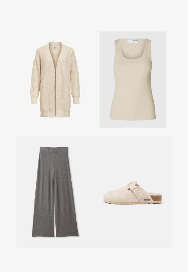 Beige lang strikket cardigan med åben front, ribstrikkede manchetter, kant og tekstureret mønster på ærmer og krop.; Beige ribbet tank top med en rund halsudskæring og brede skulderstropper. Fremstillet af blødt stof, med en tætsiddende silhuet.; Grå, ribbede bukser med bred benfacon og høj, elastisk talje. Stoffet virker blødt og tekstureret, hvilket giver en afslappet pasform hele vejen ned.; Shepherd HILMA - Hjemmesko - creme