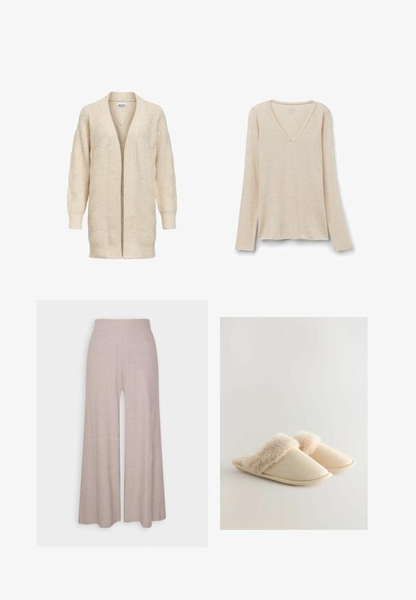Cárdigan largo beige de punto con delantero abierto, puños y bajo acanalados y patrón texturizado en las mangas y el cuerpo.; Camiseta de manga larga con escote en V en tejido beige claro con una textura suave. Corte relajado con dobladillo recto y diseño minimalista.; Pantalones de pierna ancha en gris claro, hechos de una suave tela de canalé, con una cinturilla alta y piernas de largo completo con una sutil textura.; Zapatillas beige con un suave borde de piel de pelo, diseño de punta redondeada y tejido texturizado. La suela es plana y flexible.