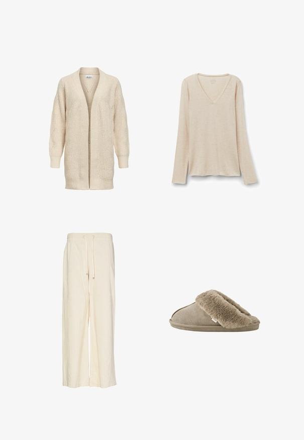 Beige lang strikket cardigan med åben front, ribstrikkede manchetter, kant og tekstureret mønster på ærmer og krop.; Langærmet V-hals top i lys beige stof med en blød tekstur. Afslappet pasform med lige kant og minimalistisk design.; Bredde benbukser i creme, lavet af et tekstureret stof med et ribbet mønster. Har en elastisk talje med snøre for justerbarhed.; Beige slip-on tøfler med blød, plyssede pelsforing omkring åbningen og en ydersål med ruskindslignende overflade.