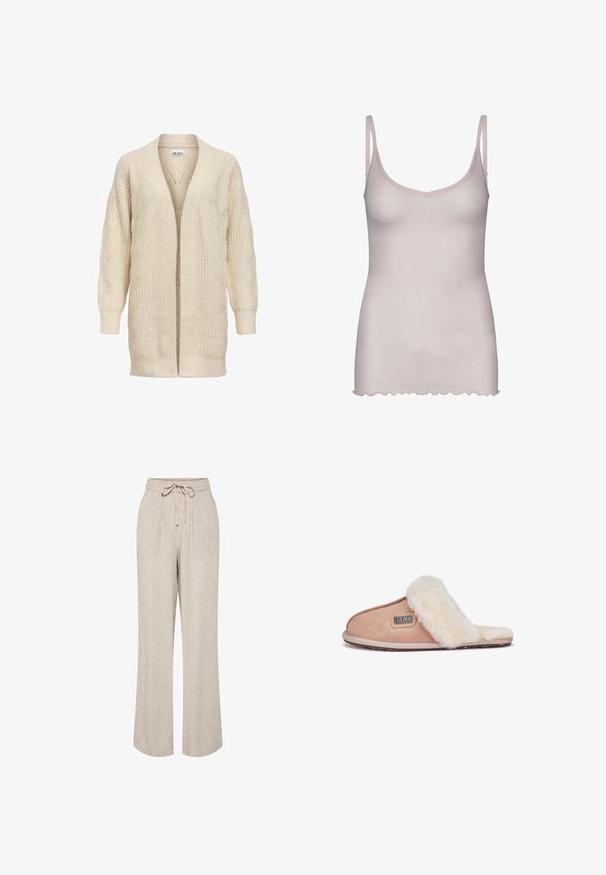 Cardigan long beige en maille avec devant ouvert, poignets et ourlet côtelés, motif texturé sur les manches et le corps.; Camisole rose clair avec des bretelles fines, fabriquée en tissu doux. Présente un décolleté en V et un ourlet festonné en bas.; Pantalon beige coupe ample avec jambes larges, taille élastique et cordon noué à l'avant.; Chausson en daim beige avec une douce doublure en fourrure blanche, design à bout ouvert, semelle plate et une petite étiquette de marque sur le côté.