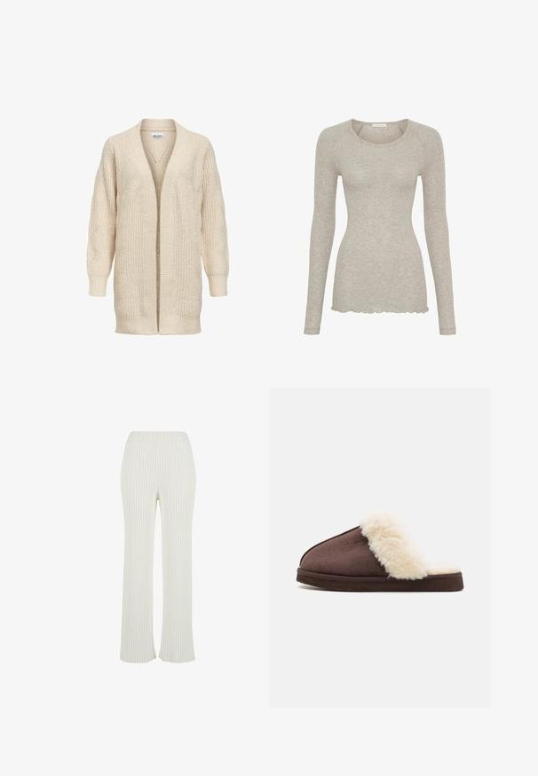 Cardigan long beige en maille avec devant ouvert, poignets et ourlet côtelés, motif texturé sur les manches et le corps.; Haut à manches longues gris clair avec un col rond, fabriqué en tissu doux. Présente un ourlet festonné et un design ajusté.; Pantalons en tricot côtelé crème avec un design évasé. Présente une large taille élastique et des rayures verticales pour ajouter de la texture.; Pantoufle en daim marron avec un col en fausse fourrure crémeuse et moelleuse, semelle plate et design ouvert à l'arrière. Texture douce et forme arrondie pour le confort.