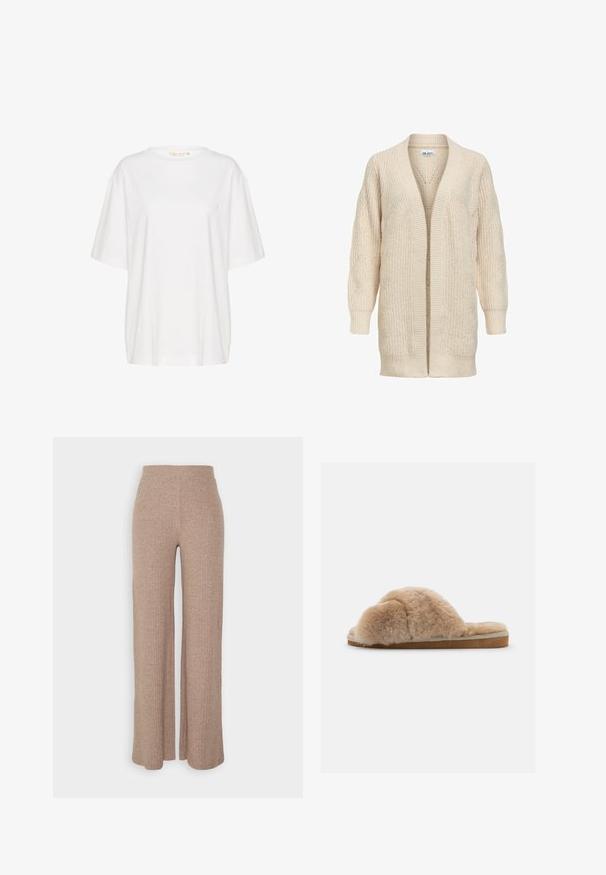 Cárdigan largo beige de punto con delantero abierto, puños y bajo acanalados y patrón texturizado en las mangas y el cuerpo.; Camiseta de manga corta blanca, confeccionada en algodón suave. Presenta un escote redondo y un discreto detalle de logo en el lado izquierdo del pecho. Diseño de corte recto.; Pantalones de pierna ancha de canalé en color beige con una cinturilla alta y textura suave, que presentan un corte holgado y sin cierres visibles.; Zapatilla de felpa beige con una textura suave, parte trasera abierta y un forro interior. Suela plana con una base marrón clara y costuras beige.