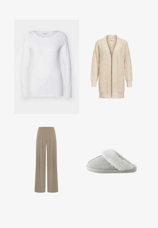 Cárdigan largo beige de punto con delantero abierto, puños y bajo acanalados y patrón texturizado en las mangas y el cuerpo.; Top blanco de manga larga con escote redondeado. Confeccionado en una tela suave y texturizada. Presenta un corte relajado y puños sin costuras.; Pantalones beige de cintura alta y pierna ancha con pliegues delanteros, diseñados para un ajuste suelto y relajado.; Zapatilla de color gris claro, tipo slip-on, con forro y suela de piel sintética blanca y suave etiquetada como "NEXT,", vista de lado sobre un fondo blanco.
