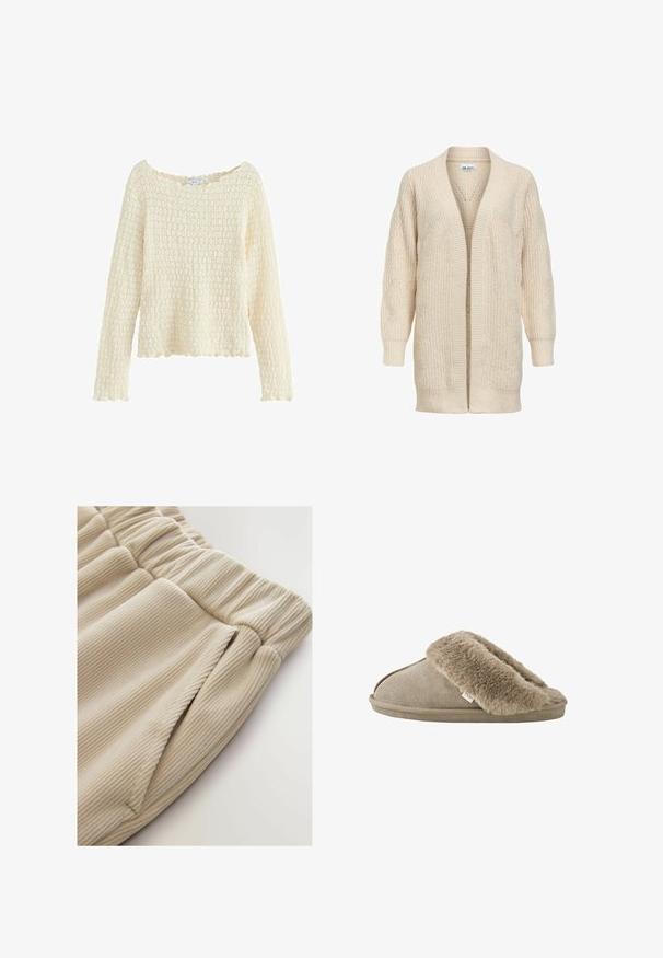Cardigan long beige en maille avec devant ouvert, poignets et ourlet côtelés, motif texturé sur les manches et le corps.; Pull créme texturé à manches longues et à encolure large. Présente un motif tricoté et un ourlet festonné. Fabriqué en matériau doux.; Joggers en tissu côtelé beige avec une taille resserrée et des poches latérales, mettant en valeur une texture douce et un design décontracté.; Chausson beige à enfiler avec une doublure douce et pelucheuse en fourrure autour de l'ouverture et une semelle extérieure effet daim.