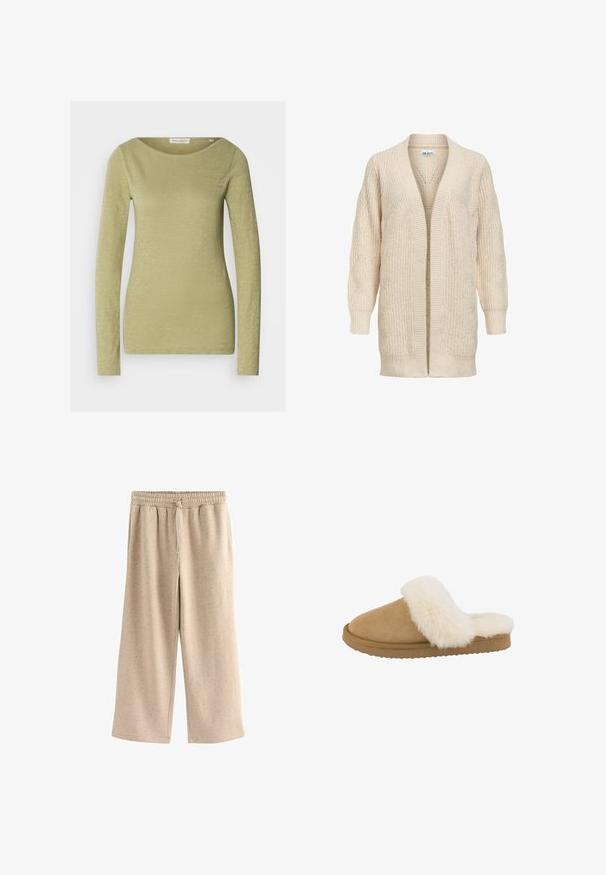 Beige lange gebreide cardigan met open voorkant, geribde manchetten, zoom en een gestructureerd patroon op mouwen en lichaam.; Langemouwige top in licht olijfgroen, gemaakt van een zachte, gestructureerde stof. Heeft een brede halslijn en een aansluitende silhouet.; Beige wijde broek gemaakt van zachte stof, met een elastische tailleband met een trekkoord en een subtiele gespikkelde textuur.; Tan suède slipper met een crèmekleurige nepbont kraag, ronde neus en een gestructureerde rubberen zool. Heeft een instapontwerp voor comfortabel aan- en uittrekken.