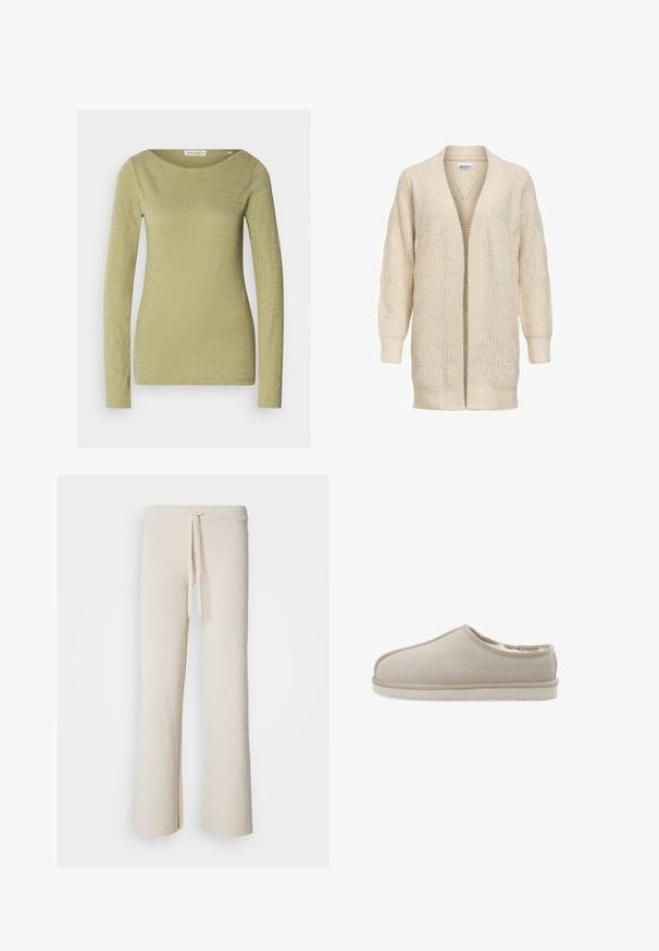 Beige lange gebreide cardigan met open voorkant, geribde manchetten, zoom en een gestructureerd patroon op mouwen en lichaam.; Langemouwige top in licht olijfgroen, gemaakt van een zachte, gestructureerde stof. Heeft een brede halslijn en een aansluitende silhouet.; Beige wijde broek gemaakt van zachte stof, met een elastische tailleband met een trekkoord en zijsplitten aan de onderkant.; Bianco Backless Loafer BIASNOW - Muiltjes - sand
