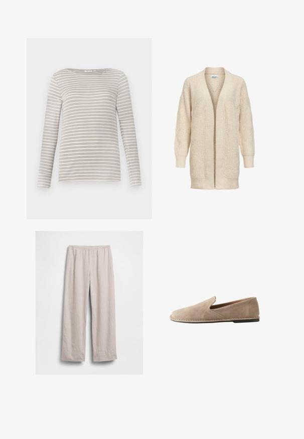 Beige lang strikket cardigan med åben front, ribstrikkede manchetter, kant og tekstureret mønster på ærmer og krop.; TOM TAILOR STRIPED BOAT NECK - Langærmet T-shirt - taupe/offwhite; Lysebeige løstsiddende bukser med elastisk taljebånd, lige ben og ingen synlige lommer, vist fladt mod en hvid baggrund.; Beige ruskind slip-on loafers med rund tå, lav flad hæl, syet sål og elastisk sideindsats for nem påtagning.