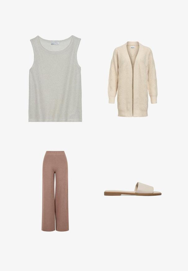 Cardigan long beige en maille avec devant ouvert, poignets et ourlet côtelés, motif texturé sur les manches et le corps.; Haut sans manches gris clair en tissu tricoté doux et texturé. Présente un col rond et une coupe ample. L'étiquette indique "ANNA FIELD" à l'intérieur.; Pantalons en maille marron à jambe large avec un tissu texturé, dotés d'une taille élastique et d'une coupe ample pour le confort.; Sandale plate à enfiler avec dessus en cuir crème et semelle marron clair, design minimaliste, style slip-on, chaussure décontractée.