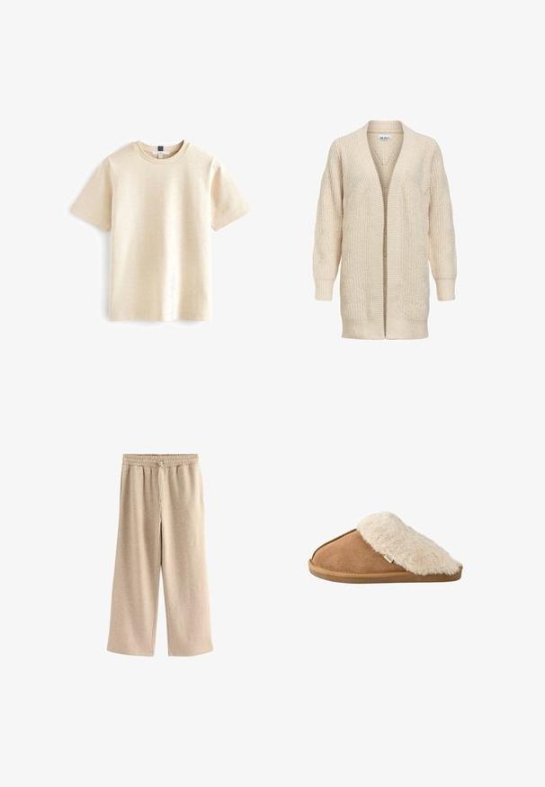 Cárdigan largo beige de punto con delantero abierto, puños y bajo acanalados y patrón texturizado en las mangas y el cuerpo.; Camiseta de manga corta beige hecha de algodón suave, con un escote redondo y un corte relajado con una textura sutil.; Pantalones de pierna ancha color crema, hechos de una suave mezcla de algodón. Presentan una cintura elástica con cordón y una sutil textura moteada.; Zapatilla marrón tipo slip-on con forro y suela de pelo sintético beige suave, vista lateral sobre fondo blanco.