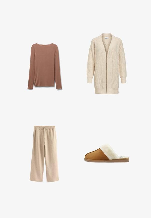 Cárdigan largo beige de punto con delantero abierto, puños y bajo acanalados y patrón texturizado en las mangas y el cuerpo.; Camiseta de manga larga color marrón claro con cuello redondo, de textura simple y lisa, mostrada extendida sobre un fondo blanco.; Pantalones de pierna ancha color crema, hechos de una suave mezcla de algodón. Presentan una cintura elástica con cordón y una sutil textura moteada.; Pantuflas de ante marrón con un ribete de piel de conejo blanco, diseño de punta abierta, textura suave y suela plana de goma. Presenta costuras en contraste para añadir detalle.