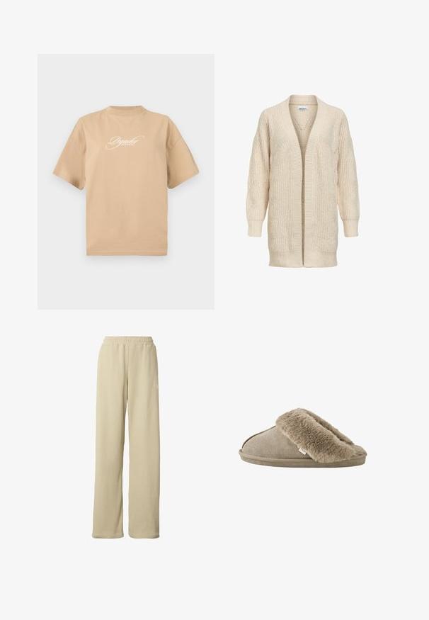 Beige lang strikket cardigan med åben front, ribstrikkede manchetter, kant og tekstureret mønster på ærmer og krop.; Beige bomulds t-shirt med korte ærmer, rund halsudskæring og hvid skråskrift på fronten, der står "Pegador Dreams Come True."; Beige ribstrikkede bukser med vidde ben, elastisk taljebånd og diskret lille hvidt logo på den øverste del af låret.; Beige slip-on tøfler med blød, plyssede pelsforing omkring åbningen og en ydersål med ruskindslignende overflade.
