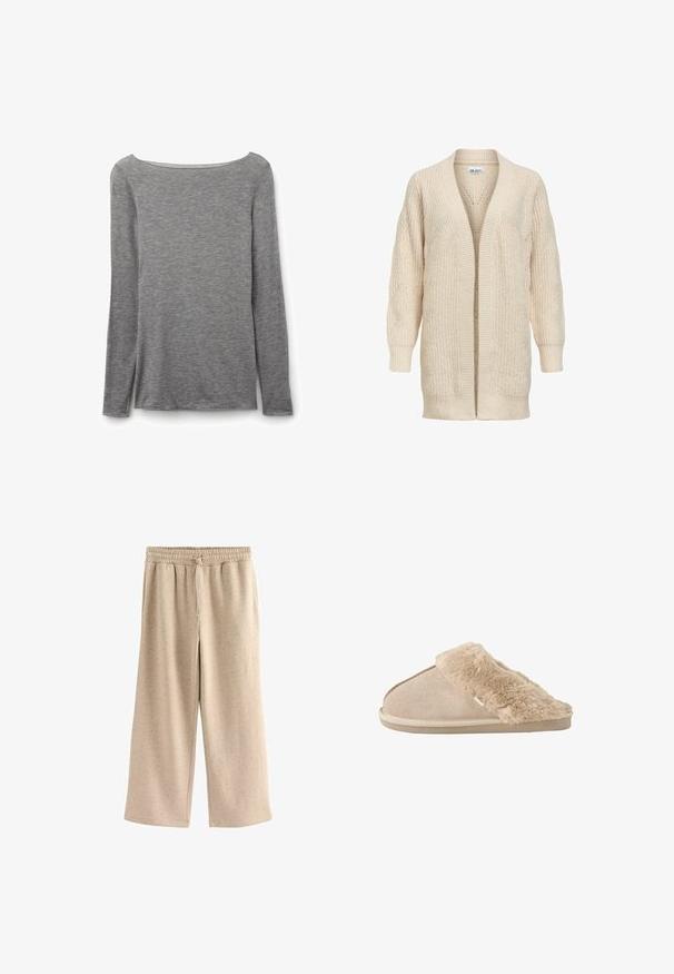 Cárdigan largo beige de punto con delantero abierto, puños y bajo acanalados y patrón texturizado en las mangas y el cuerpo.; Top gris ajustado de manga larga con un escote barco amplio, hecho de tela de punto suave y ligera.; Pantalones de pierna ancha beige fabricados con una tela suave, con una cinturilla elástica y cordones, y una sutil textura moteada en toda su superficie.; Zapatilla beige sin cordones con exterior de ante suave y forro interior y borde mullidos y esponjosos, diseñada para la comodidad en interiores.