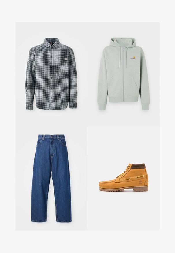 Sudadera con cremallera en gris claro, con un bolsillo delantero, puños acanalados y un pequeño logo naranja en el lado izquierdo del pecho. Hecha de una tela suave y texturizada.; Camisa de cuadros en blanco y negro de manga larga con botones, cuello y un pequeño parche con logo en el bolsillo del pecho izquierdo.; Jeans de pierna ancha de denim en azul oscuro. Presentan una cintura alta, trabillas para cinturón y un diseño clásico de cinco bolsillos. Bajo cosido con un acabado limpio.; Timberland AUTHENTIC MID LACE BOOT - Botines con cordones - wheat