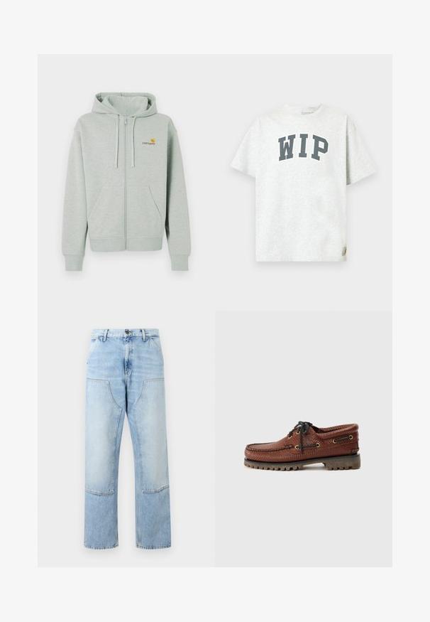 Lys grå zip-hoodie med en frontlomme, ribbede manchetter og et lille orange logo på venstre bryst. Lavet af blødt, tekstureret stof.; Lysegrå T-shirt med korte ærmer, med "WIP" i store sorte bogstaver hen over brystet og en lille logotag nær kanten.; Lyseblå denimjeans med høj talje, store forlommer med lap, knaplukning og lige brede ben.; Brune læder bådsko med struktureret overdel, sorte snørebånd og gyldne øjer. Har en holdbar, rillede gummisål.