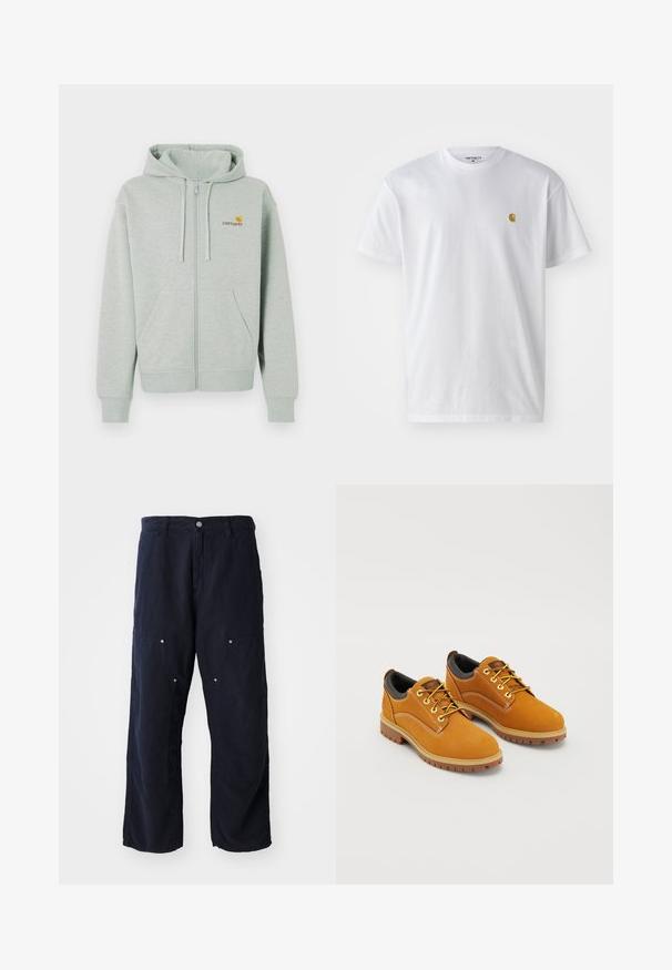 Haut à capuche zippé gris clair avec une poche avant, des poignets côtelés et un petit logo orange sur la poitrine gauche. Fabriqué en tissu doux et texturé.; T-shirt en coton blanc à manches courtes, col rond, avec un petit logo doré sur la poitrine gauche. Texture douce et coupe régulière.; Pantalons larges bleu marine en coton avec une finition texturée. Comprend deux poches avant avec des accents de bouton et une fermeture à bouton à l'avant.; Chaussures en daim marron avec un bout rond, des lacets jaunes, un col rembourré noir et des semelles en caoutchouc avec des rainures de traction.