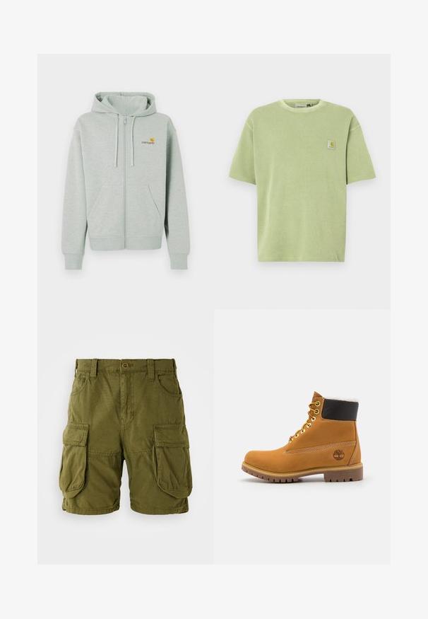 Lichtgrijze zip-up hoodie met een voorzak, geribbelde manchetten en een klein oranje logo op de linkerborst. Gemaakt van zacht, gestructureerd stof.; Lichtgroen T-shirt met korte mouwen, een geribbelde textuur en een logopatch op de borst. Losvallende pasvorm en een ronde hals.; Olijfgroene cargo shorts van katoenmix. Voorzien van twee grote zijzakken en een knoopsluiting met riemlussen. Glad textuur.; Bruine leren enkellaars met metalen oogjes, witte faux bont voering, zwarte gewatteerde kraag, robuuste zool en een reliëflogo aan de zijkant.