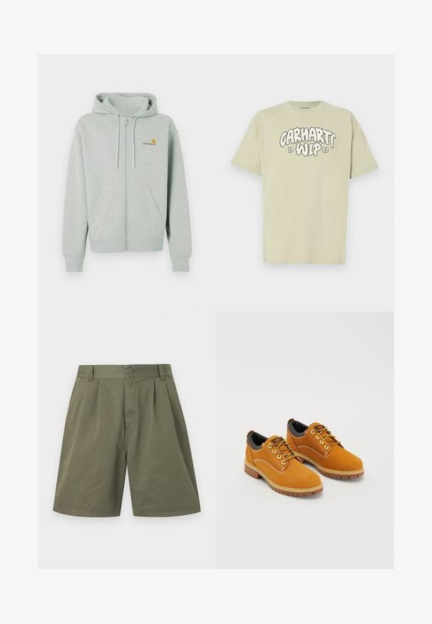 Haut à capuche zippé gris clair avec une poche avant, des poignets côtelés et un petit logo orange sur la poitrine gauche. Fabriqué en tissu doux et texturé.; T-shirt en coton vert clair avec coupe oversize, présentant un imprimé noir de style nuage "Carhartt WIP 1989" sur le devant. Manches courtes, col rond.; Shorts en coton vert olive jusqu'aux genoux avec plis sur le devant, passants pour ceinture, poches latérales, fermeture à bouton et braguette zippée.; Chaussures en daim marron avec un bout rond, des lacets jaunes, un col rembourré noir et des semelles en caoutchouc avec des rainures de traction.
