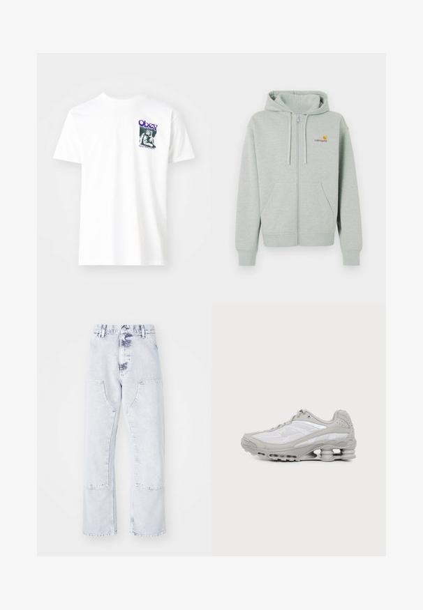 Lys grå zip-hoodie med en frontlomme, ribbede manchetter og et lille orange logo på venstre bryst. Lavet af blødt, tekstureret stof.; Hvid bomulds t-shirt med et grafisk print i lilla, der viser en siddende figur med teksten "Obey" og "Stop Worry Now!" i sort.; Lys blå denim straight-leg jeans med patchlommer, høj talje og en falmet overflade. Har tonede syninger og en afslappet pasform.; Grå og hvid atletiksko med synlig luftpolstret sål og mesh-paneler, vist i profil på en ensartet lys baggrund.