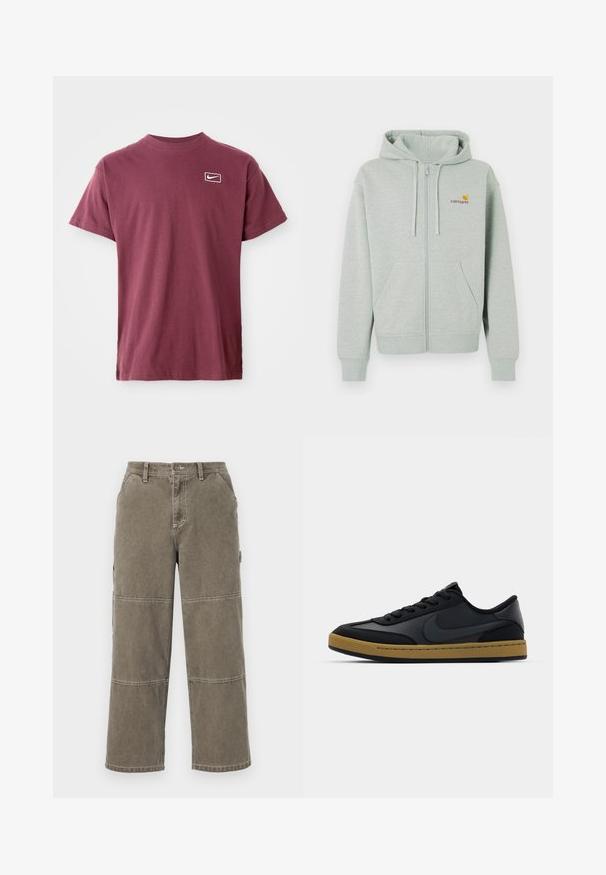 Lichtgrijze zip-up hoodie met een voorzak, geribbelde manchetten en een klein oranje logo op de linkerborst. Gemaakt van zacht, gestructureerd stof.; Bordeaux kortemouwen T-shirt met ronde hals en een klein wit Nike swoosh-logo binnen een afgeronde rechthoek op de linkerborst.; Katoenen cargobroek in gedempt olijfgroen met brede pijpen, dubbele stiksels, en zijzakken, voorzien van een knoopsluiting en riemlussen.; Zwarte leren sneaker met een laag ontwerp, vetersluiting, rubberen zool en gumkleurige accenten. Voorzien van een zijlogo en gestructureerde materialen.