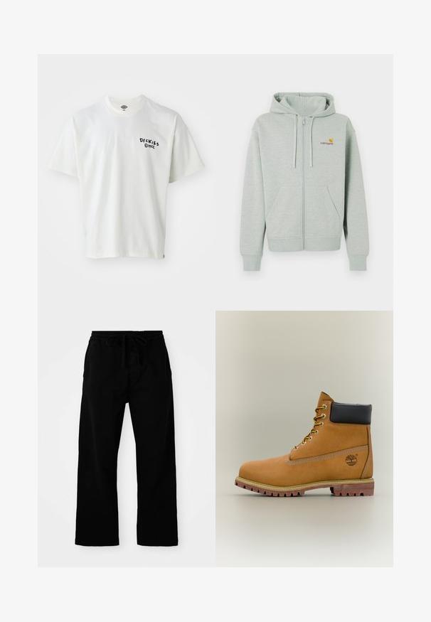Haut à capuche zippé gris clair avec une poche avant, des poignets côtelés et un petit logo orange sur la poitrine gauche. Fabriqué en tissu doux et texturé.; T-shirt blanc à manches courtes en coton avec un col rond. Présente un logo imprimé noir sur la partie gauche de la poitrine et une petite étiquette au bas.; Pantalons noirs à taille élastique avec cordon de serrage réglable, jambes larges et texture en coton lisse. Pas de motifs ni de détails matériels visibles.; Bottine en cuir marron avec col noir, lacets jaunes et semelle beige. Présente un logo et des détails de couture blanche. Semelle extérieure à traction robuste.