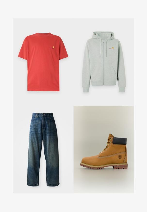 Haut à capuche zippé gris clair avec une poche avant, des poignets côtelés et un petit logo orange sur la poitrine gauche. Fabriqué en tissu doux et texturé.; T-shirt en coton rouge avec col rond, manches courtes, et petit logo jaune sur le côté gauche de la poitrine. Texture lisse, design décontracté.; Jean en denim bleu taille large avec une finition délavée. Comprend cinq poches, une fermeture à bouton et des coutures contrastées. Tissu de poids lourd.; Bottine en cuir marron avec col noir, lacets jaunes et semelle beige. Présente un logo et des détails de couture blanche. Semelle extérieure à traction robuste.