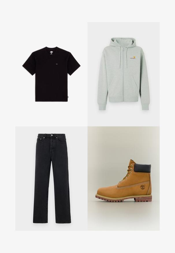 Lys grå zip-hoodie med en frontlomme, ribbede manchetter og et lille orange logo på venstre bryst. Lavet af blødt, tekstureret stof.; Sort bomulds T-shirt med korte ærmer, rund halsudskæring, har et lille logo mærke på brystet og et enkelt design uden mønstre eller accenter.; Sorte denim straight-leg jeans med høj talje, fem lommer og metalknaplukning. Stof har en glat tekstur og let glans.; Brun læderankelstøvle med sort krave, gule snørebånd og tanfarvet sål. Har logo og hvide syninger som detalje. Robust ydersål med greb.