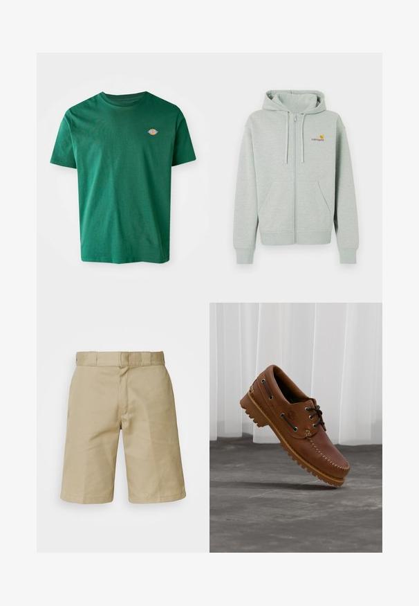 Sudadera con cremallera en gris claro, con un bolsillo delantero, puños acanalados y un pequeño logo naranja en el lado izquierdo del pecho. Hecha de una tela suave y texturizada.; Camiseta de algodón verde con cuello redondo, mangas cortas y un pequeño logotipo multicolor en el lado izquierdo del pecho. Textura suave, diseño casual.; Bermudas caqui con un diseño de frente plano, cinturilla cosida con trabillas para el cinturón y dos bolsillos laterales. Fabricadas con un tejido ligero.; Zapato náutico de cuero marrón con cordones negros, costuras beige y una suela resistente, suspendido sobre un suelo de hormigón gris.