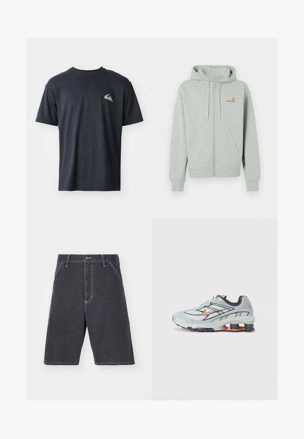 Hellgrauer Reißverschluss-Hoodie mit einer Vordertasche, gerippten Bündchen und einem kleinen orangenen Logo auf der linken Brust. Hergestellt aus weichem, strukturiertem Stoff.; Schwarzes T-Shirt mit kurzen Ärmeln aus einem glatten Stoff, mit einem kleinen weißen Logo auf der linken Brustseite. Reguläre Passform mit Rundhalsausschnitt.; Dunkelgraue Denim-Shorts mit lockerer Passform, die einen Knopfverschluss, Gürtelschlaufen und dezente weiße Nähte aufweisen. Keine sichtbaren Taschen.; Hellgrauer Laufschuh mit schwarzen Akzenten, orangefarbenem Logo, Mesh-Obermaterial, gepolstertem Schaft und Gummisohle mit sichtbaren stoßdämpfenden Einheiten.