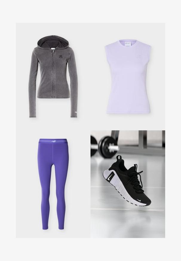 Sweat à capuche zippé près du corps de couleur gris foncé, manches longues, fermeture éclair frontale, petit logo sur la poitrine et le poignet, avec capuche attachée.; Haut lilas sans manches en maille côtelée, avec col rond et logo Champion brodé discret sur le côté gauche de la poitrine.; Leggings de sport longs violet avec une coupe ajustée et une taille élastique comportant un logo "NB" blanc et des bandes horizontales.; Chaussure de sport noire avec une tige en tissu texturé, une semelle blanche et un système de laçage prononcé. Présente un logo Nike et un design doux et rembourré.