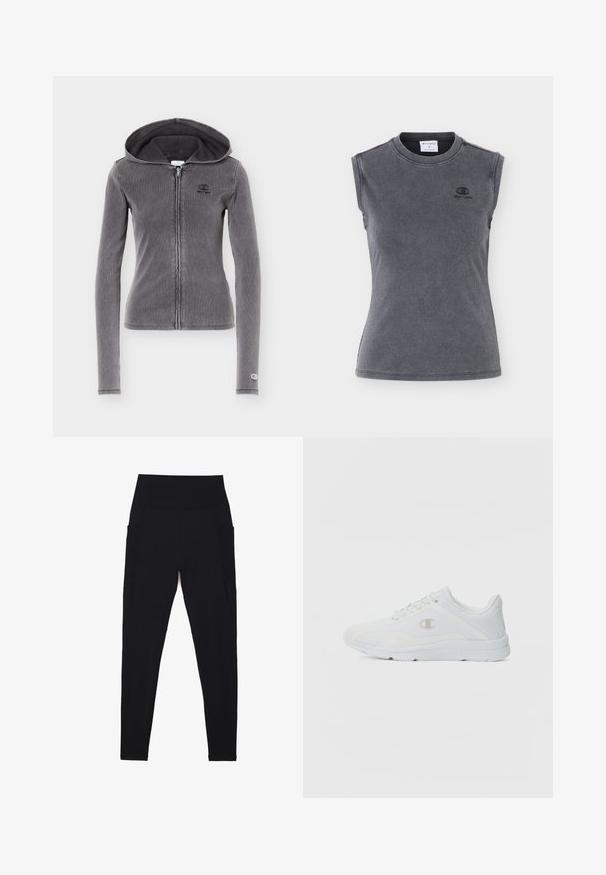 Sweat à capuche zippé près du corps de couleur gris foncé, manches longues, fermeture éclair frontale, petit logo sur la poitrine et le poignet, avec capuche attachée.; Débardeur sans manches gris foncé côtelé avec encolure ronde et petit logo Champion noir sur le côté gauche de la poitrine.; Leggings noirs avec une taille haute côtelée, un design sans coutures, des poches latérales et une texture lisse sur toute la surface.; Baskets blanches avec une tige en mesh texturé, un col rembourré et un logo contrastant sur le côté. Comprend une semelle en caoutchouc légère.